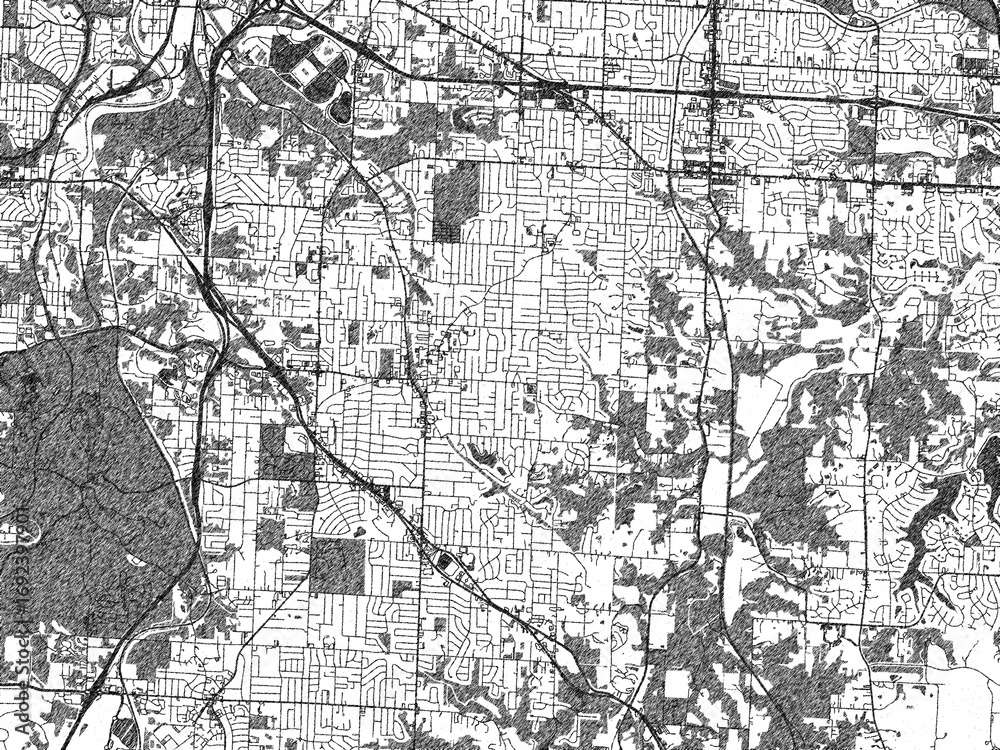 Naklejka premium Stylized monochrome city map of Raytown, Missouri, created in a hand-drawn digital style with bold lines and shaded textures.