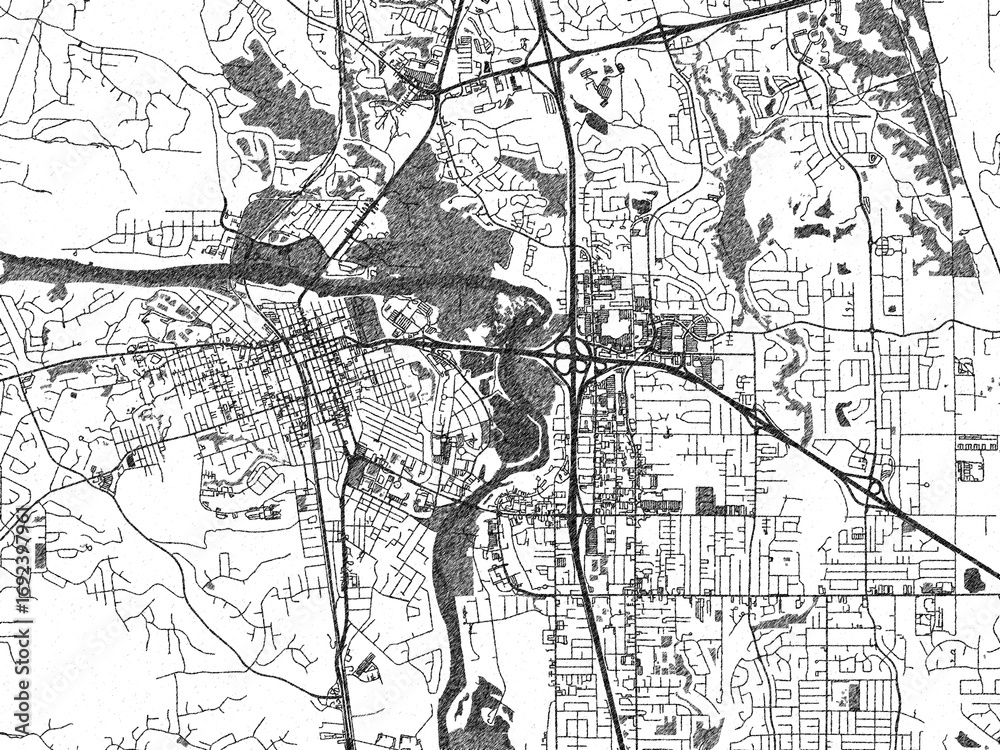Obraz premium Minimal city map illustration of Redding, California, in hand-drawn style monochrome with strong gridlines and shaded areas.