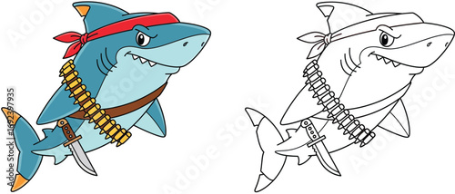 Cute Cartoon Shark with Red Bandana, Ammo Belt, and Knife - Fun Character Illustration for Kids and Merchandise