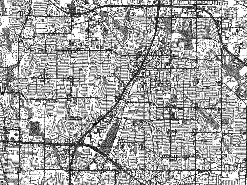 Naklejka premium Minimalist map of Richardson, Texas, illustrated in black and white with a bold street grid and shaded parks.