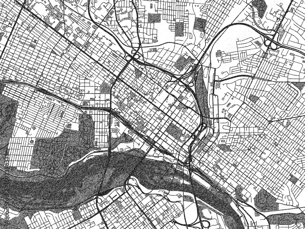 Fototapeta premium Decorative map of Richmond Center, Virginia, in hand-drawn digital style, balancing urban detail with a monochrome look.