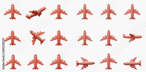 A collection of stylized red passenger aircraft models depicted in various flight orientations on a transparent background.