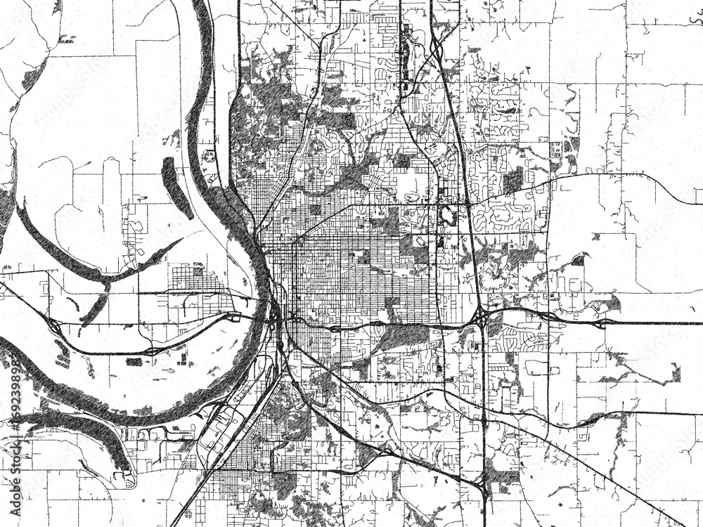 Obraz premium Stylized monochrome city map of Saint Joseph, Missouri, created in a hand-drawn digital style with bold lines and shaded textures.