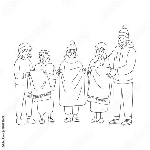Diverse group of people in winter clothing sharing a blanket together warmly white background