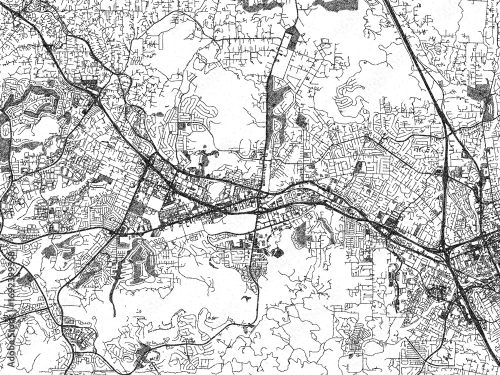 Naklejka premium Poster-ready city map of San Marcos, California, in black and white sketch-like style with detailed street layouts.