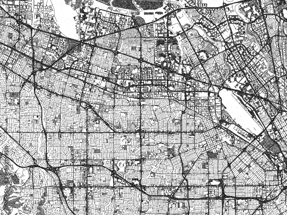Naklejka premium Decorative map of Santa Clara - Sunnyvale, California, in hand-drawn digital style, balancing urban detail with a monochrome look.