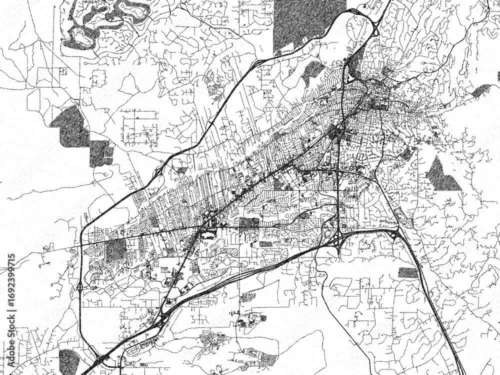 Fototapeta premium Stylized illustration of Santa Fe New, Mexico, showing its roads and neighborhoods in sketch-like black and white.
