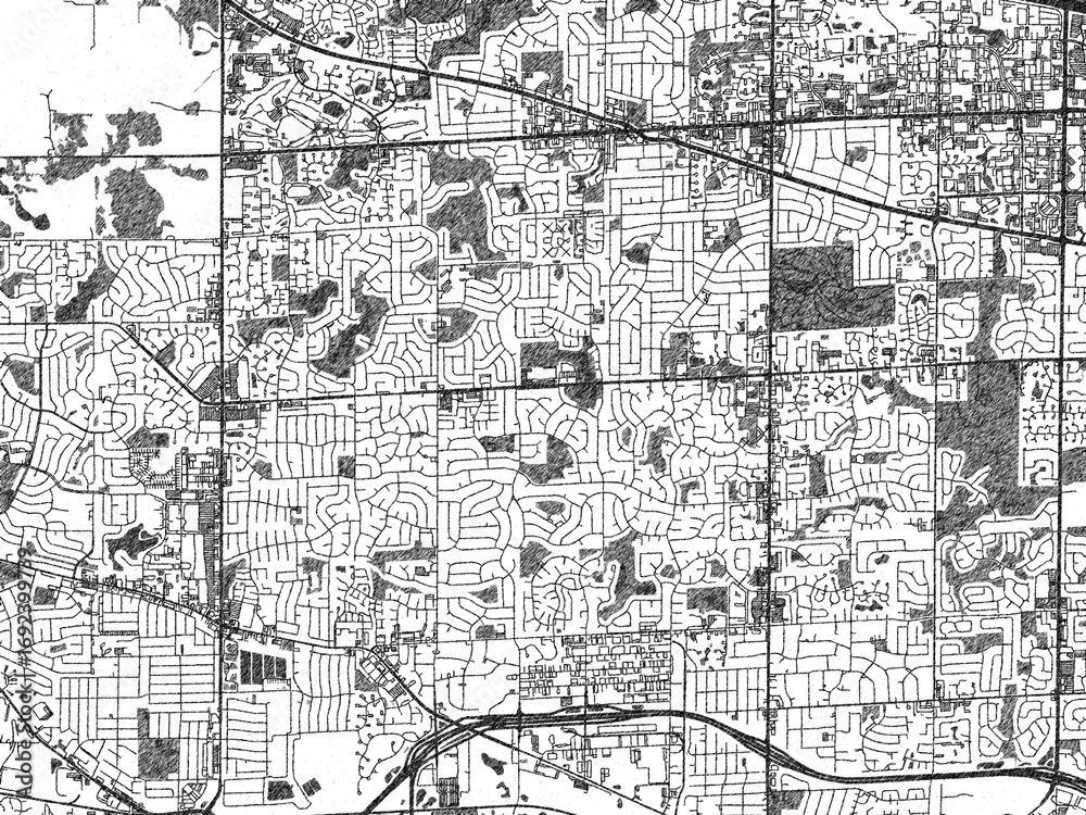 Obraz premium Hand-drawn style black and white city map of Schaumburg, Illinois, showing its urban design in an artistic layout.