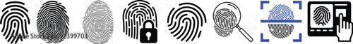 Fingerprint icon collection. Fingerprint lock and unlock, magnifying, scanning, Fingerprint identification icon for apps and websites. Vector illustration.Set of fingerprints isolated on white.