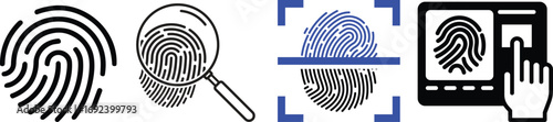 Fingerprint icon collection. Fingerprint lock and unlock, magnifying, scanning, Fingerprint identification icon for apps and websites. Vector illustration.Set of fingerprints isolated on white.