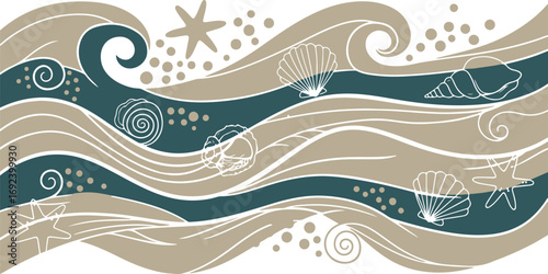 Stylized ocean wave pattern with seashells and starfishes for summer designs background