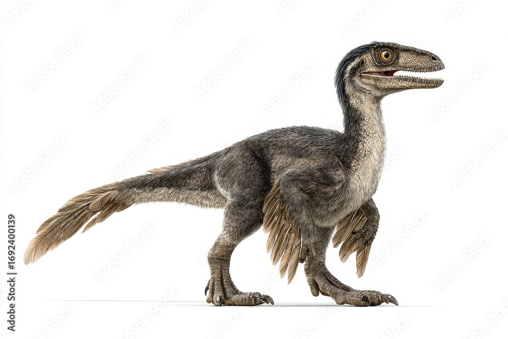Fototapeta Dinosaur Feathers: Standing Aggressive Velociraptor With Feathers in Cretaceous Period - 3D Rendering