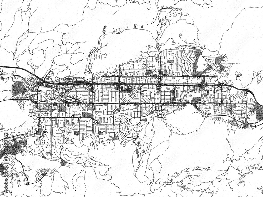 Fototapeta premium Urban map of Simi Valley, California, illustrated in monochrome with a strong grid and shaded elements.