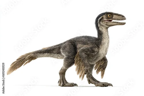 Obraz Dinosaur Feathers: Standing Aggressive Velociraptor With Feathers in Cretaceous Period - 3D Rendering