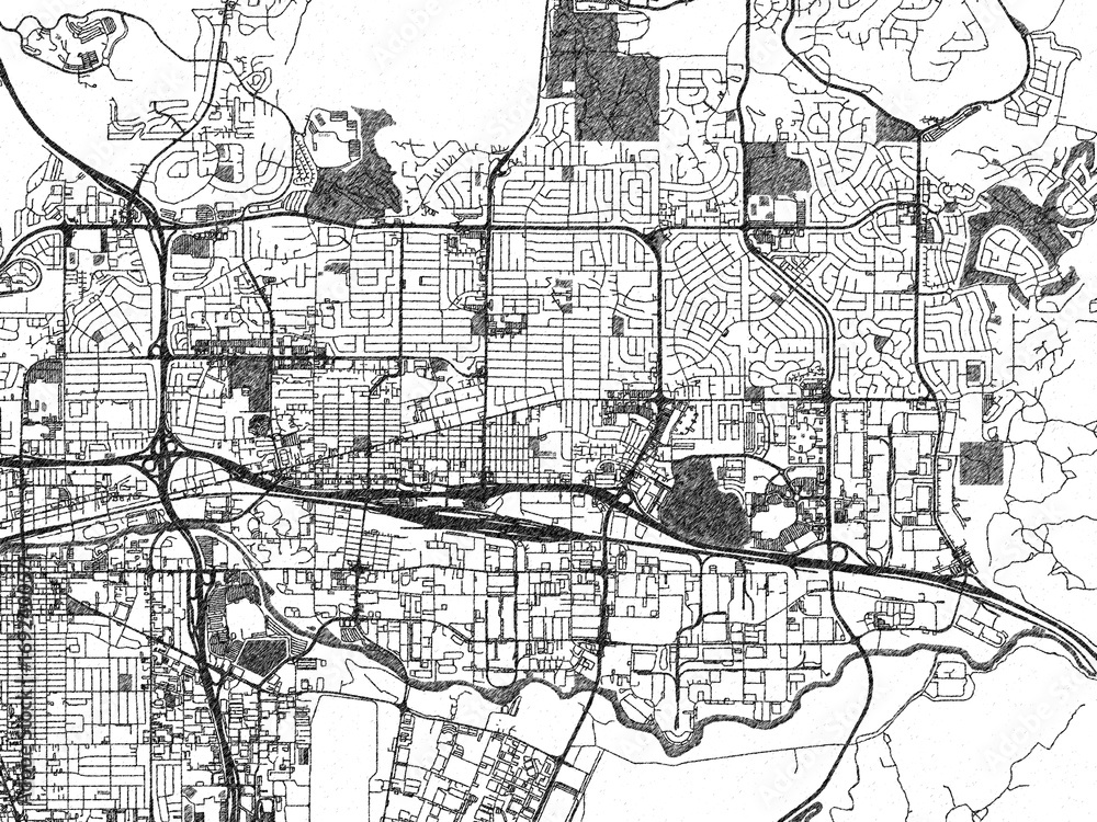 Fototapeta premium Monochrome map illustration of Sparks, Nevada, with hand-drawn style textures highlighting its streets and rivers.