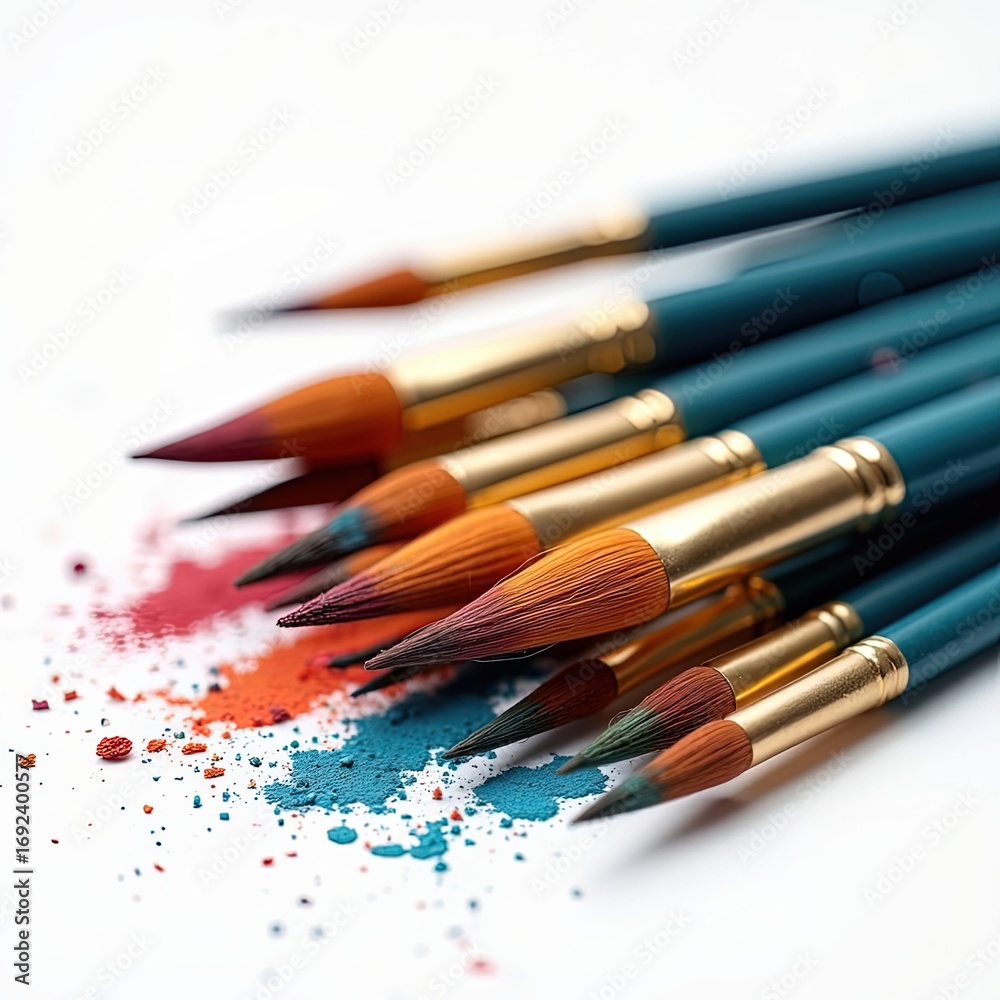Fototapeta premium A bundle of artisan paintbrushes with visible dried paint, great for art branding, portfolios, and creative design projects.