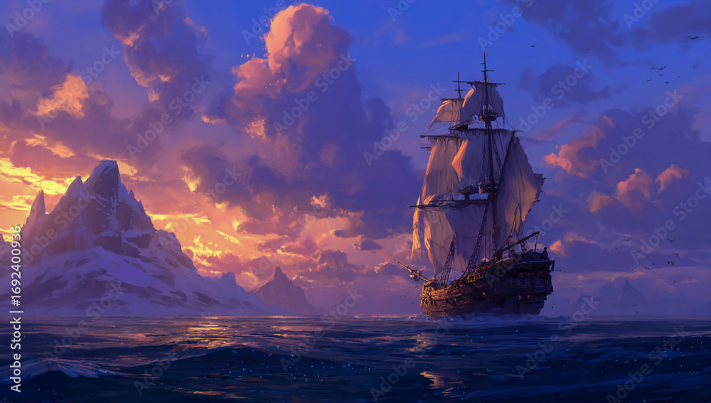 Obraz premium Majestic tall ship sails through dramatic ocean sunset with fiery clouds and jagged peaks