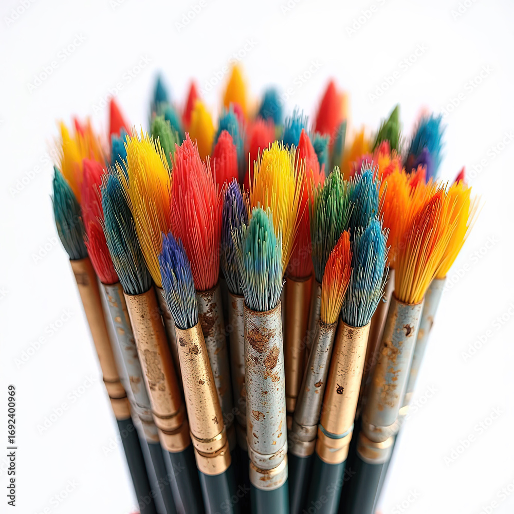 Fototapeta premium A bundle of artisan paintbrushes with visible dried paint, great for art branding, portfolios, and creative design projects.