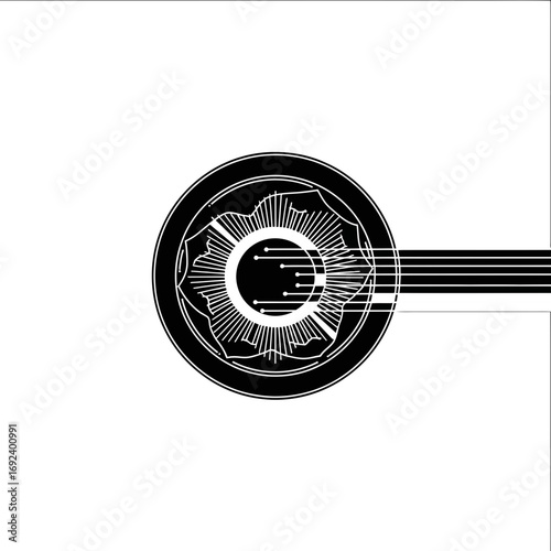 Vector art of black and white vintage guitar body with circular soundhole and strings