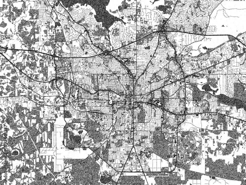 Fototapeta premium Urban map of Tallahassee, Florida, illustrated in monochrome with a strong grid and shaded elements.