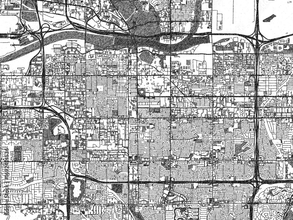 Obraz premium Black and white hand-drawn map of Tempe, Arizona, designed as a decorative illustration.