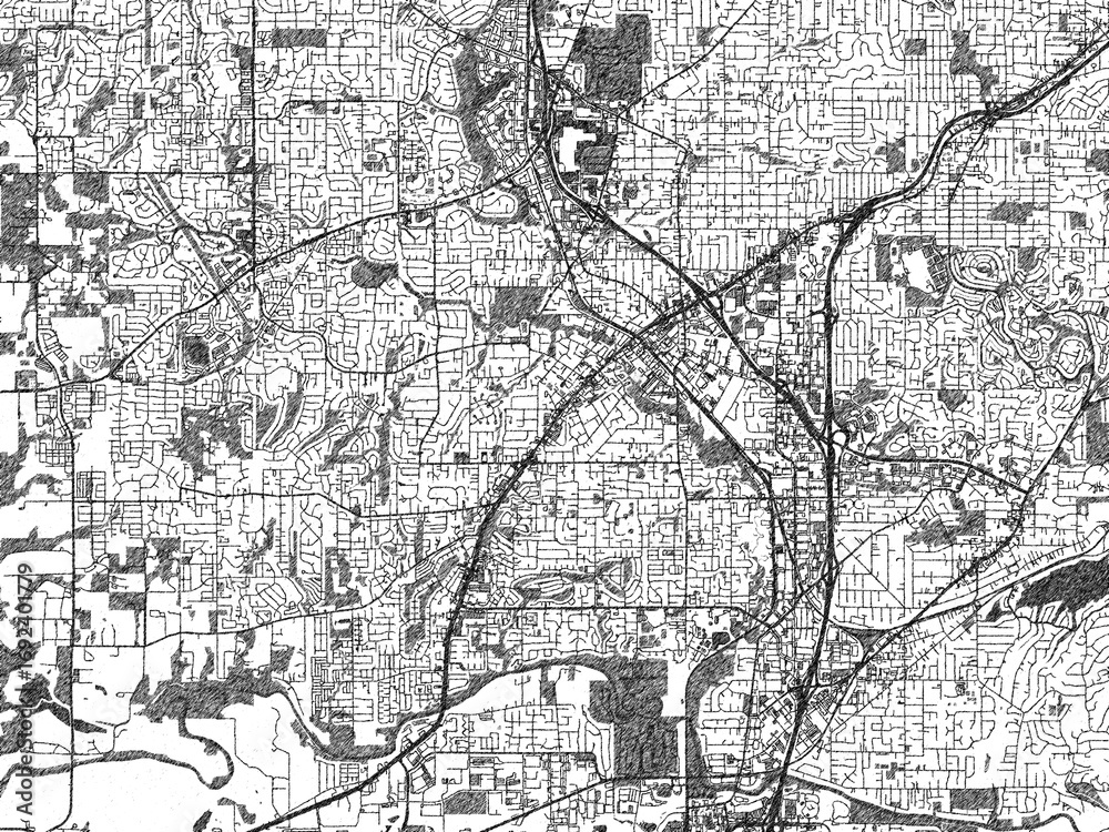Obraz premium Monochrome map illustration of Tigard, Oregon, with hand-drawn style textures highlighting its streets and rivers.