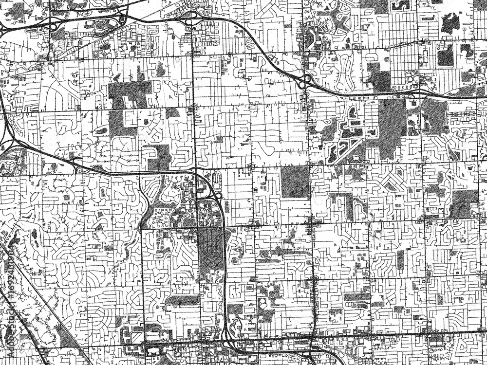 Obraz premium Black and white city map of Troy, Michigan, illustrated with fine detail and sketch textures.