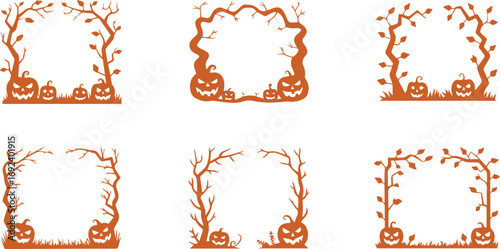 Set of six orange Halloween frames with spooky trees and jack o lanterns, isolated on transparent background