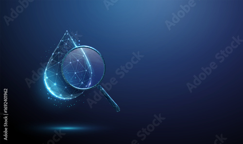 3d blue water drop under magnifying glass Water analysis, purification, filtration, treatment, quality monitoring, contamination detection concept.