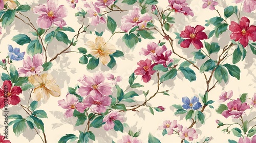 Delicate watercolor floral pattern with pastel pink, yellow, blue, and red flowers, interwoven with green leaves on a light cream background. Hand painted brushstrokes .