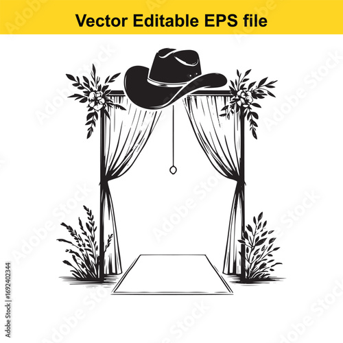 Cowboy hat on wedding arch with floral decoration isolated on white background