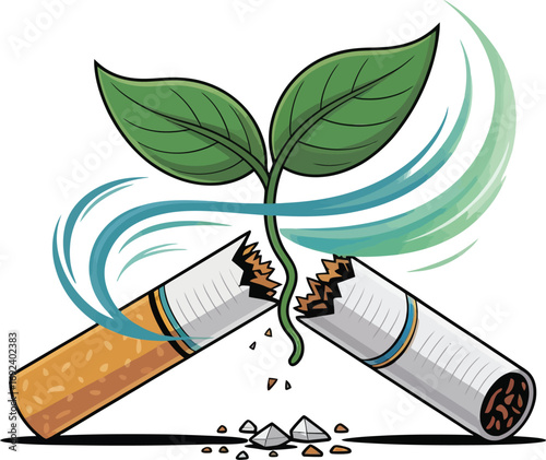 New growth from broken cigarettes symbolizing healthy lifestyle isolated on transparent background
