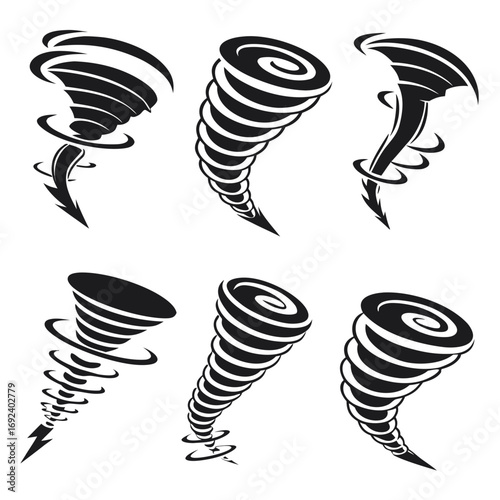 Collection of six stylized black and white tornado icons representing different forms and intensities of twisters with swirling motion and lightning bolt elements