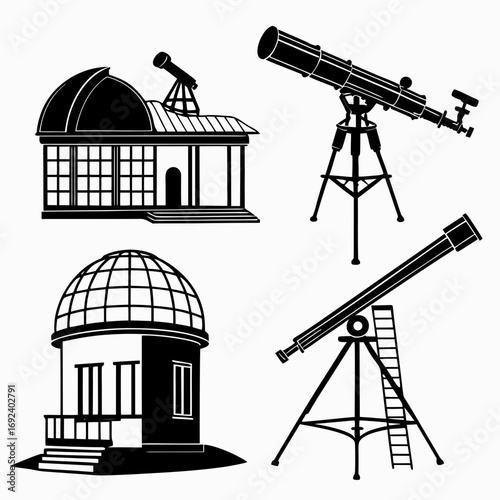 Collection of silhouette illustrations featuring astronomical observatories and telescopes perfect for science and education themes