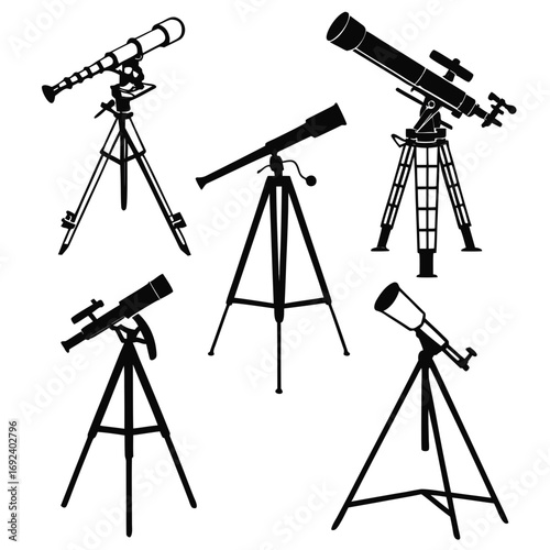 A collection of five silhouette illustrations of various telescopes mounted on tripods showcasing different designs and sizes for astronomical observation and exploration