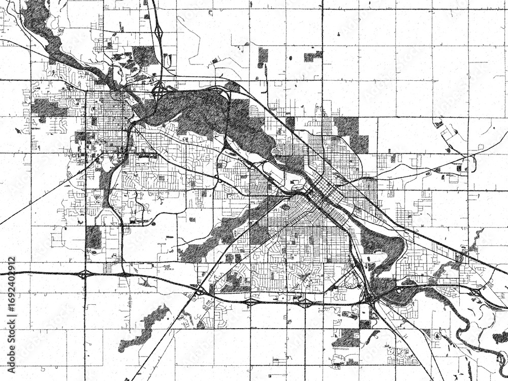 Obraz premium Stylized illustration of Waterloo, Iowa, showing its roads and neighborhoods in sketch-like black and white.
