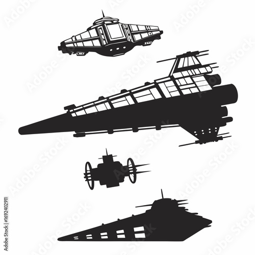 Collection of diverse futuristic spacecraft silhouettes in various sizes and designs presented against a clean white background for versatile design applications