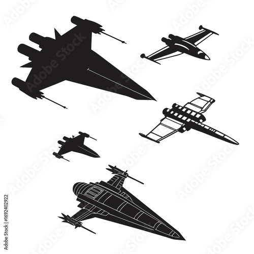 Collection of diverse sci fi spacecraft silhouettes including fighter jets and bombers in black and white against a clean white background for futuristic design elements