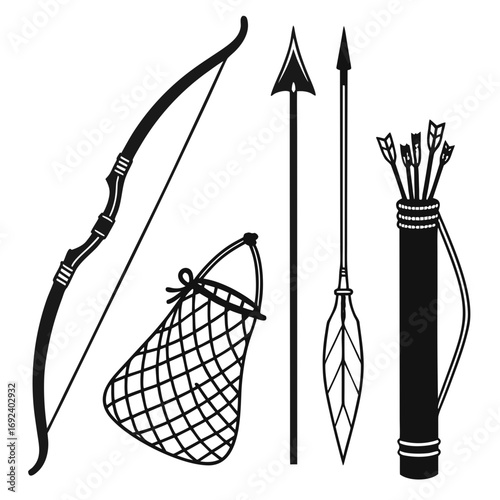 A collection of traditional hunting and fishing equipment including a bow and arrow quiver arrows a net and a spear presented in a clean silhouette style on a white background
