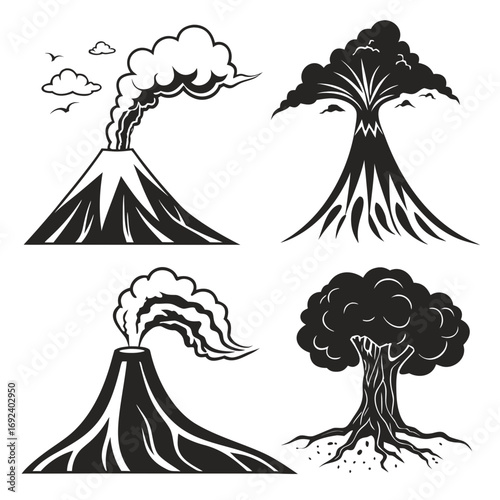 Set of stylized black and white graphic illustrations featuring erupting volcanoes and silhouette trees with roots and clouds representing nature and geological forces