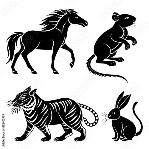 Collection of stylized black animal silhouettes including a horse rat tiger and rabbit presented on a clean white background for graphic design purposes