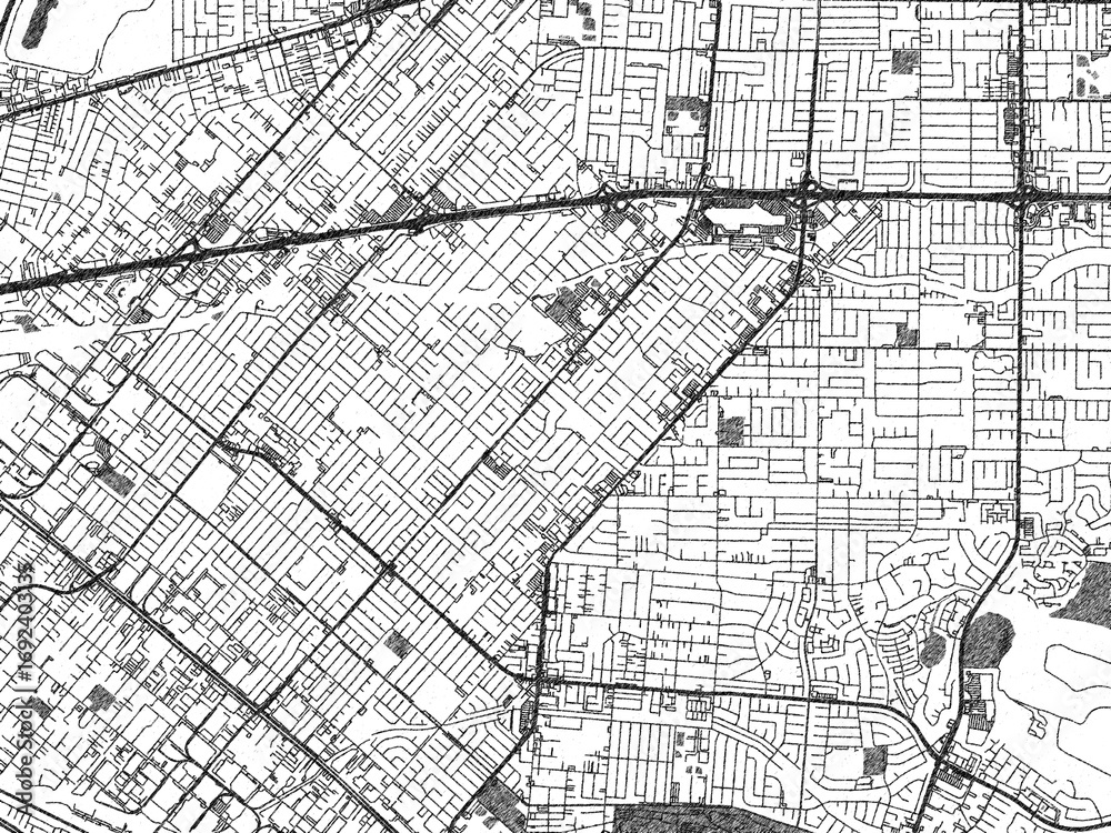 Obraz premium Black and white illustration map of West_Covina, California, showing its detailed urban layout in a hand-drawn style.