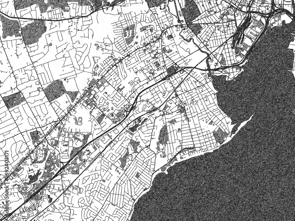 Naklejka premium Hand-drawn style black and white city map illustration of West_Haven, Connecticut, with detailed streets and shaded textures.