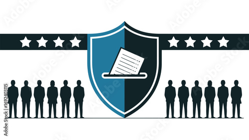 Illustration showing voting security with people shield stars and ballot box on white background
