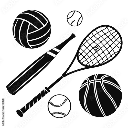 Collection of black silhouette sports equipment including a volleyball baseball bat tennis racket tennis ball baseball and basketball on a white background