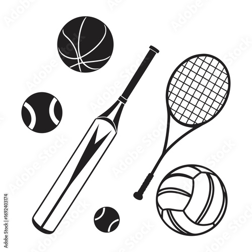 Collection of black silhouette sports equipment including a basketball tennis racket cricket bat tennis balls and a volleyball on a white background