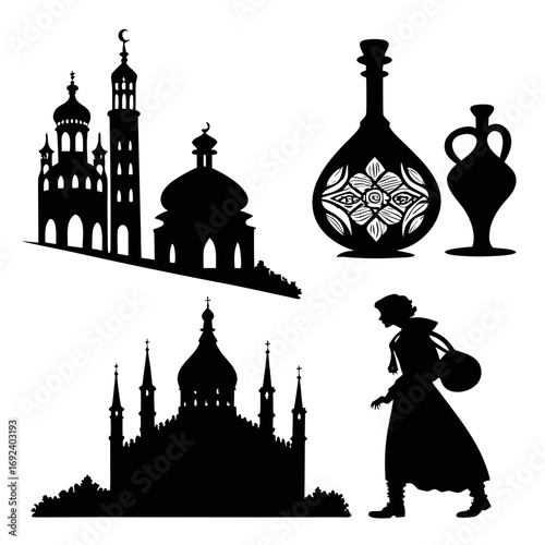Collection of silhouettes featuring islamic and christian architecture decorative vases and a woman in traditional attire against a white background