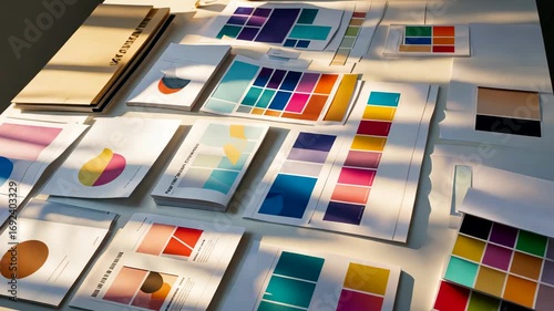 Collection of printed color palette charts arranged on creative design desk with samples for graphic projects