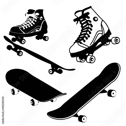 A collection of black silhouettes of skateboards and roller skates on a white background representing urban sports and active lifestyle