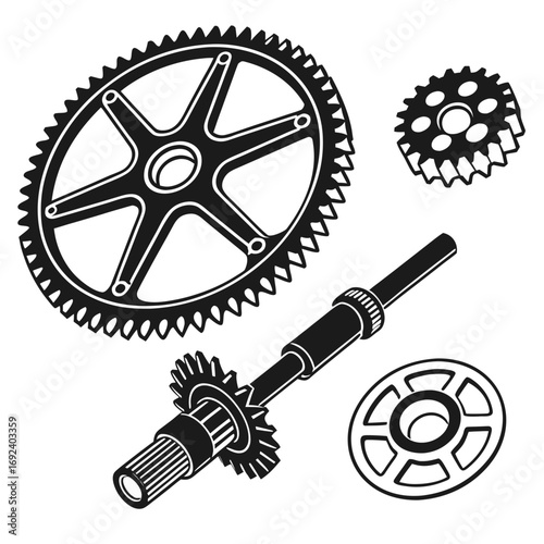A collection of black and white illustrations of various mechanical gears and a shaft presented against a plain white background showcasing engineering components